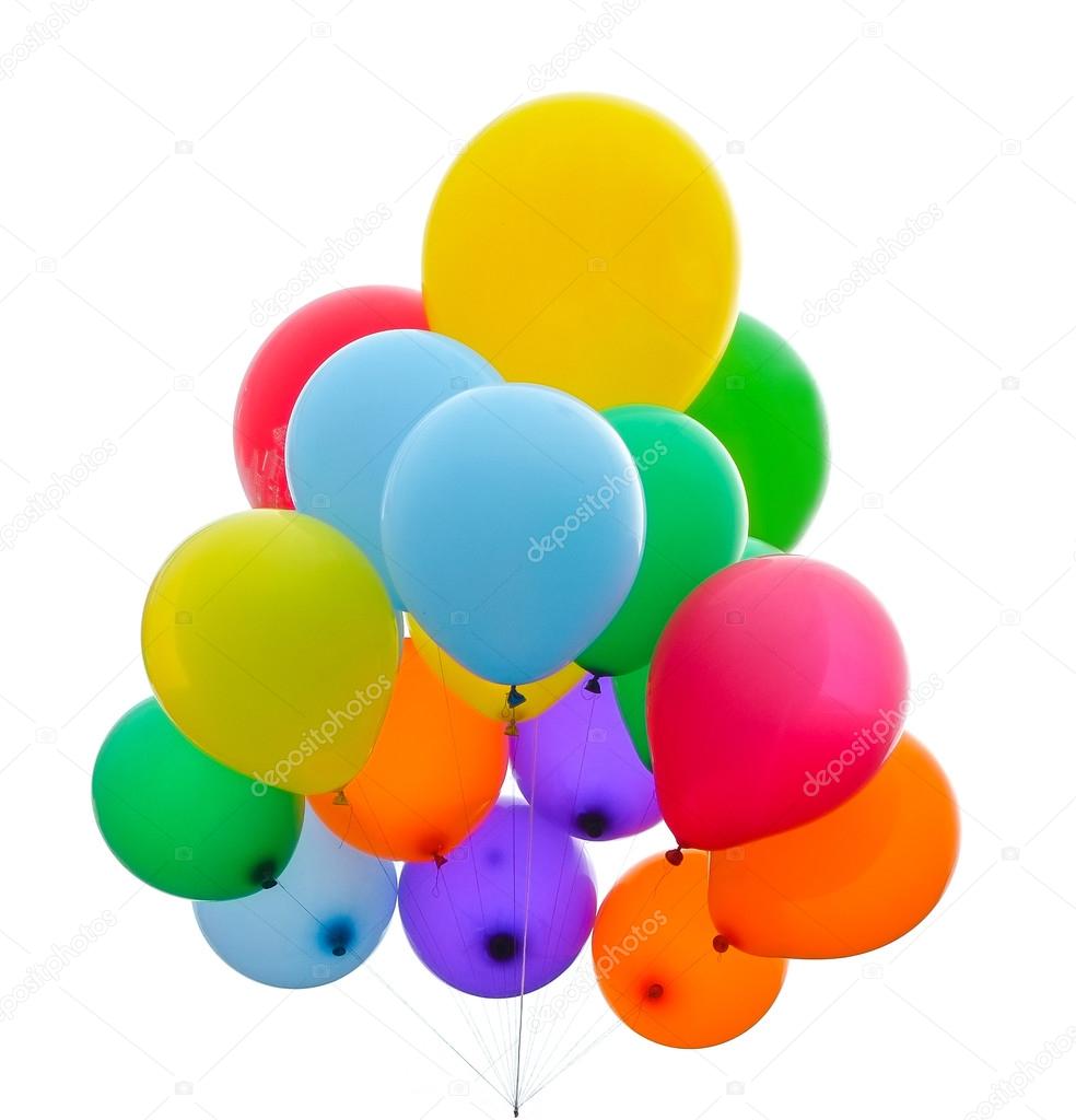 Bunch of colorful balloons against a white background.