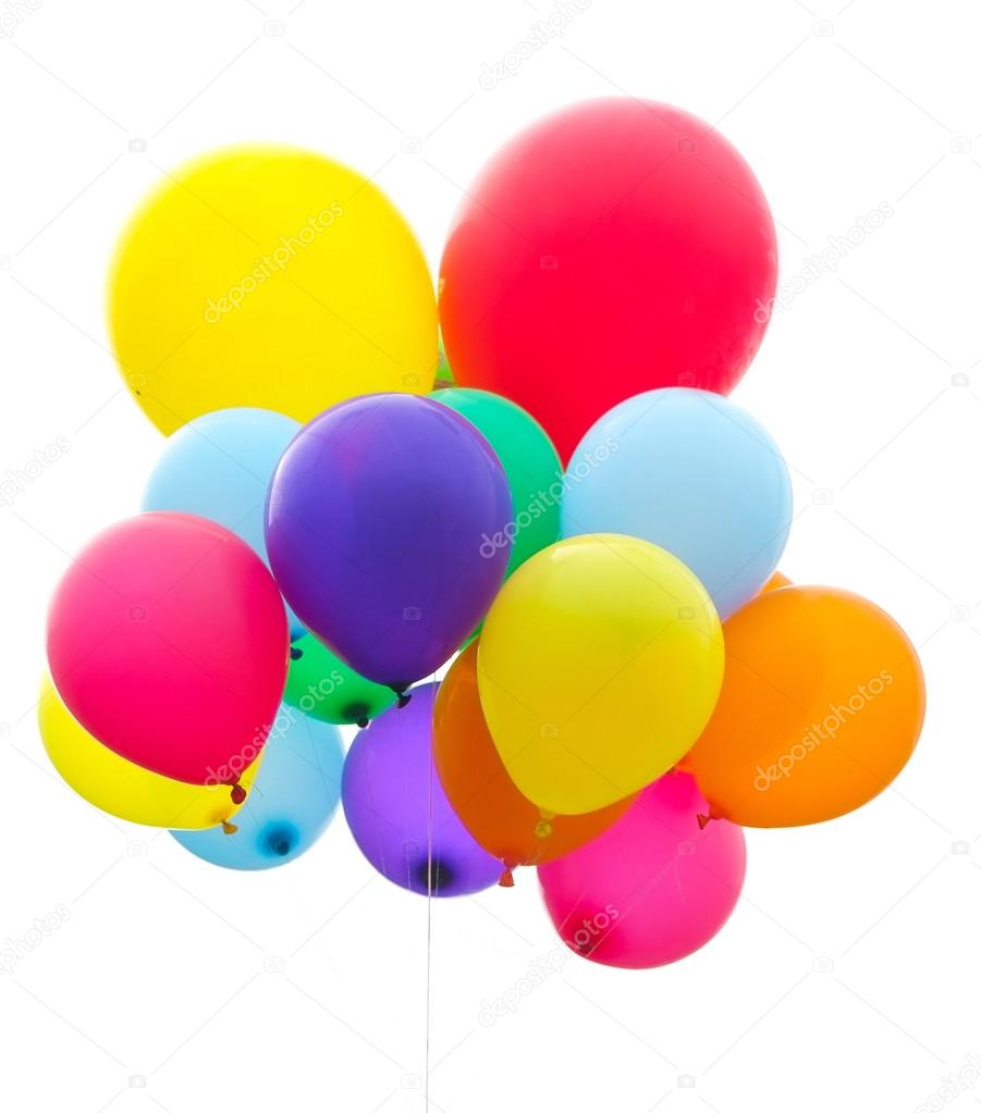 Bunch of colorful balloons against a white background.