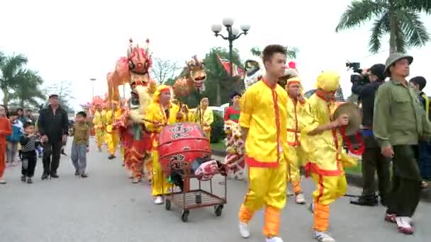 Een groep niet-geïdentificeerde mensen voeren dragon dans tijdens Tet Lunar New Year in vietnam. — Stockvideo