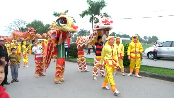 Un gruppo di persone non identificate si esibiscono nella danza del drago durante il Tet Lunar New Year in Vietnam . — Video Stock