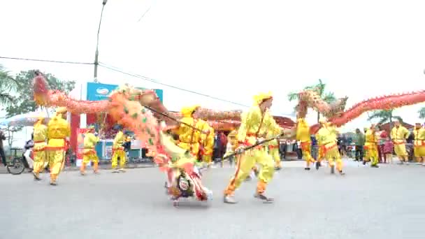 Een groep niet-geïdentificeerde mensen voeren dragon dans tijdens Tet Lunar New Year in vietnam. — Stockvideo