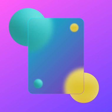 Mor arkaplanda renkli küreleri olan soyut dikey cam panel