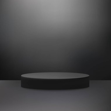 Ürün sunumu için stüdyo ışıklandırmasıyla birlikte koyu arkaplan üzerinde siyah yuvarlak podyum.