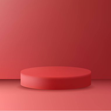 Kozmetik veya hediye sunumu için canlı kırmızı arkaplan üzerinde kırmızı yuvarlak podyum.