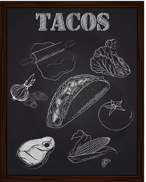 Tacos s ingrediencí salát rajče cibuli sýr kukuřice hovězí — Stockový vektor