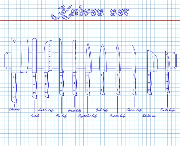 Juego de cuchillos de cocina en un imán — Vector de stock