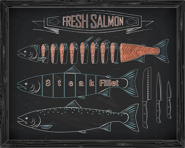 スキームとナイフから 3 つの新鮮な鮭 — ストックベクタ
