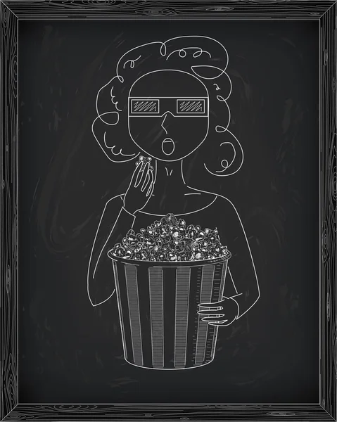 Chica en gafas 3D comiendo deliciosas palomitas de maíz de una gran rayas — Vector de stock