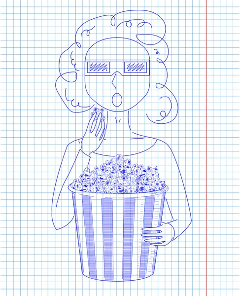 Meisje in 3d bril eten heerlijke popcorn van een grote striped — Stockvector