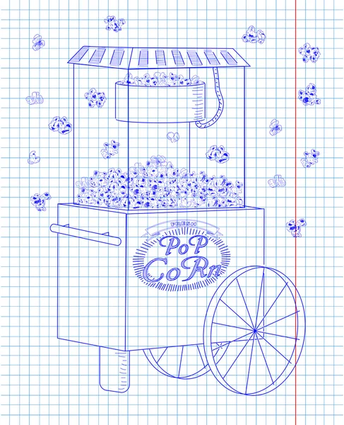Máquina de palomitas sobre ruedas. Palomitas de maíz cayendo — Archivo Imágenes Vectoriales