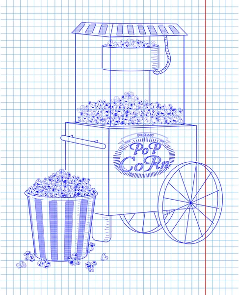 Máquina de palomitas de maíz sobre ruedas y caja de cartón de rayas grandes llena de — Archivo Imágenes Vectoriales