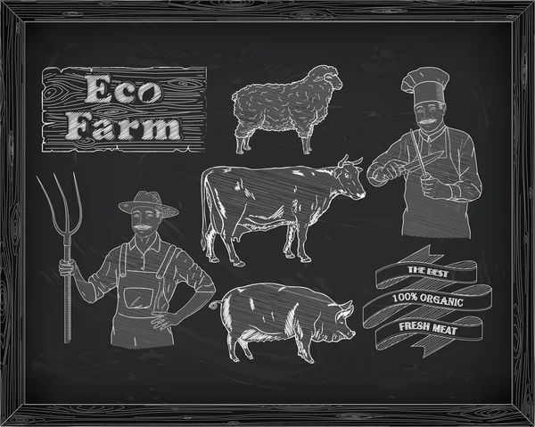 Rozbiór wołowiny, wieprzowiny, jagnięciny i rolnik, kucharz — Wektor stockowy