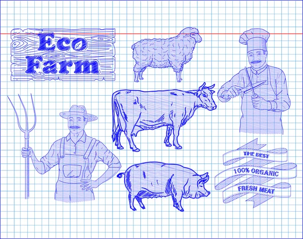 Rozbiór wołowiny, wieprzowiny, jagnięciny i rolnik, kucharz — Wektor stockowy