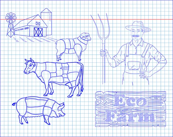 Güzel sığır eti diyagramı, domuz eti, kuzu ve çiftçi — Stok Vektör