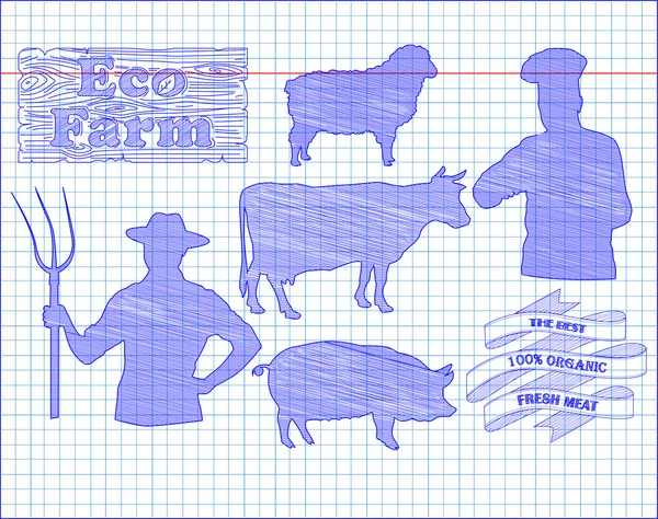 Güzel sığır eti, domuz eti, kuzu ve çiftçi, yemek — Stok Vektör