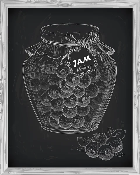 Schönes Glas hausgemachte Marmelade mit Blaubeeren auf schwarzem Hintergrund — Stockvektor