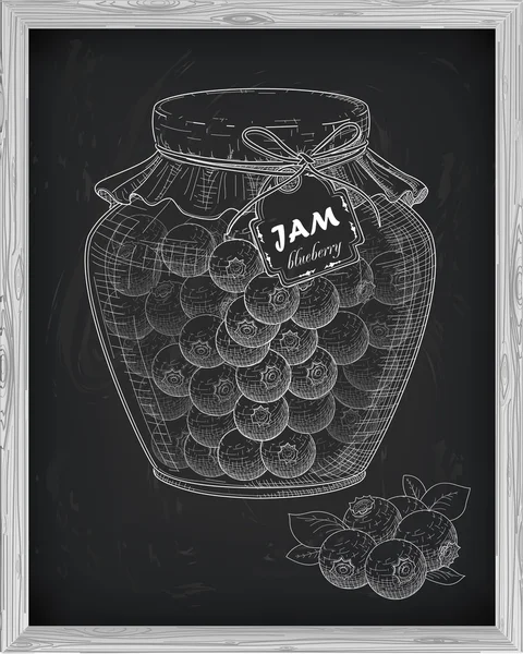 एक काले बैकग्राउ पर ब्लूबेरी के साथ होममेड जाम का सुंदर जार — स्टॉक वेक्टर