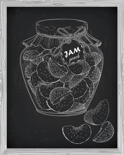 Mooie pot met huisgemaakte confiture met perzik op een zwarte achtergrond — Stockvector