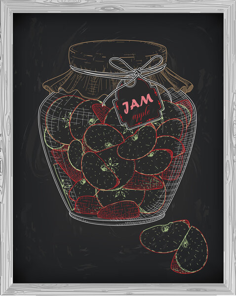 Beautiful green and red apples sliced. Bank of jam chalk sketch 