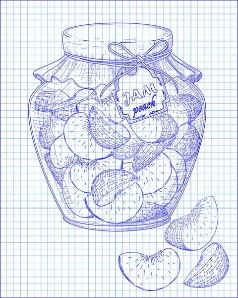 Schönes Glas hausgemachte Marmelade mit Pfirsich auf einem Notizbuch Hintergrund — Stockvektor