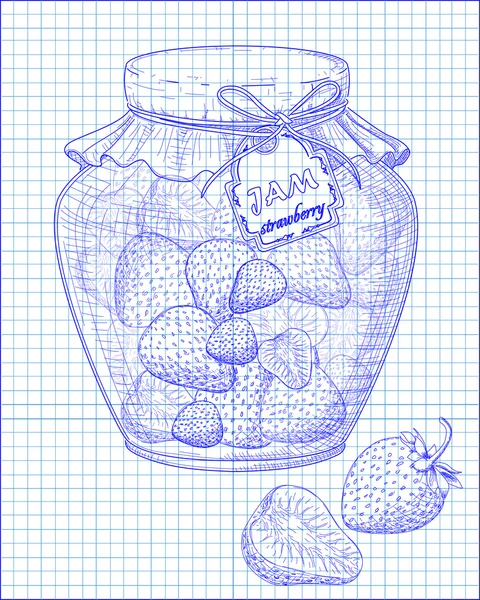 Belo jarro de engarrafamento caseiro com morango em um caderno atrás — Vetor de Stock