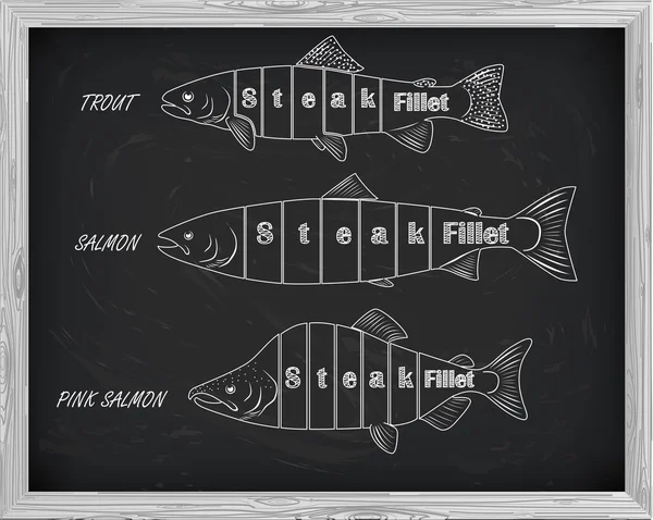 Bellissimo motivo di salmone, trota e salmone rosa. Schema di taglio — Vettoriale Stock