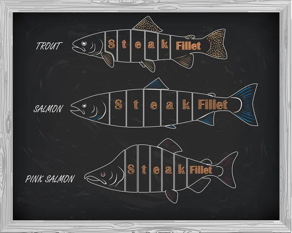 Wunderschönes Muster aus Lachs, Forelle und rosa Lachs. Schneiden — Stockvektor