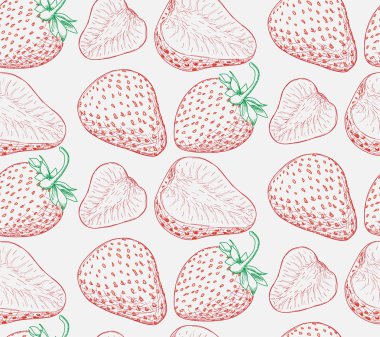 Olgun sulu kırmızı çilek ve yaprakları, desen 