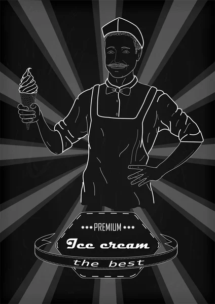 Vente veste de crème glacée et chapeau main tenant cône de crème glacée dans — Image vectorielle