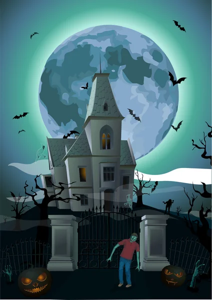 Noite de Halloween: lua belo castelo, castelo zombi zombi gat — Vetor de Stock