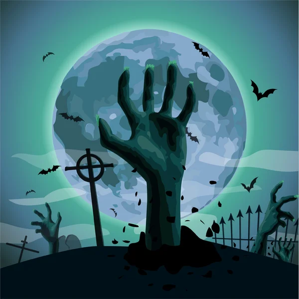 Noche de Halloween: cementerio de luna llena tumbas zombi zombi zombi manos que sobresalen de la tierra murciélago flittermouse. Vector vertical primer plano vista lateral letrero ilustración imagen celebración día festivo — Vector de stock