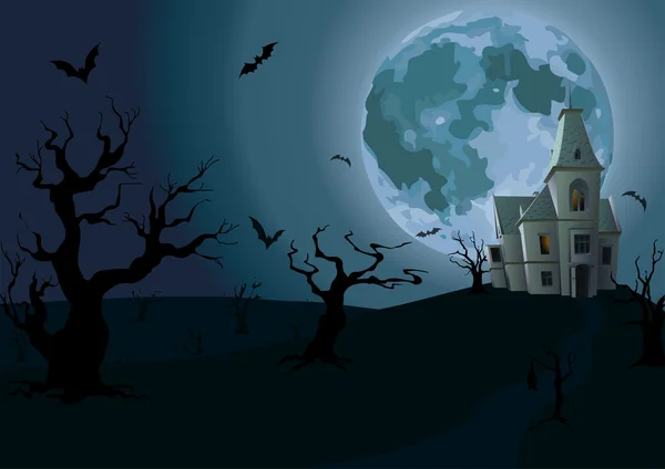 Noche de Halloween: luna llena, hermoso castillo o castillo con tapa — Vector de stock