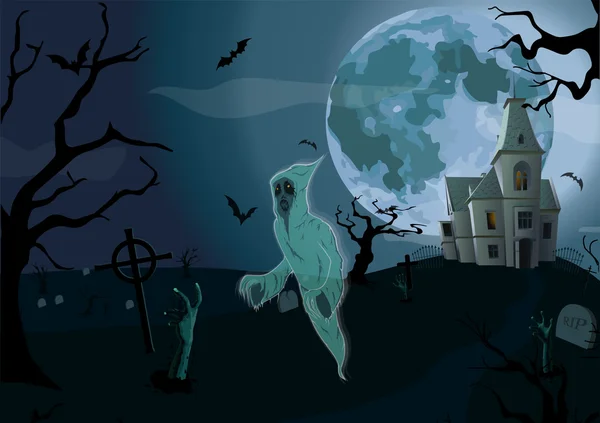 Noche de Halloween: luna llena castillo hermoso castillo, puerta, walki — Vector de stock