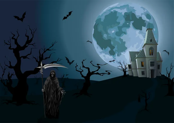 Noche de Halloween: muerte esqueleto sombrío Segador luna hermoso castillo — Vector de stock
