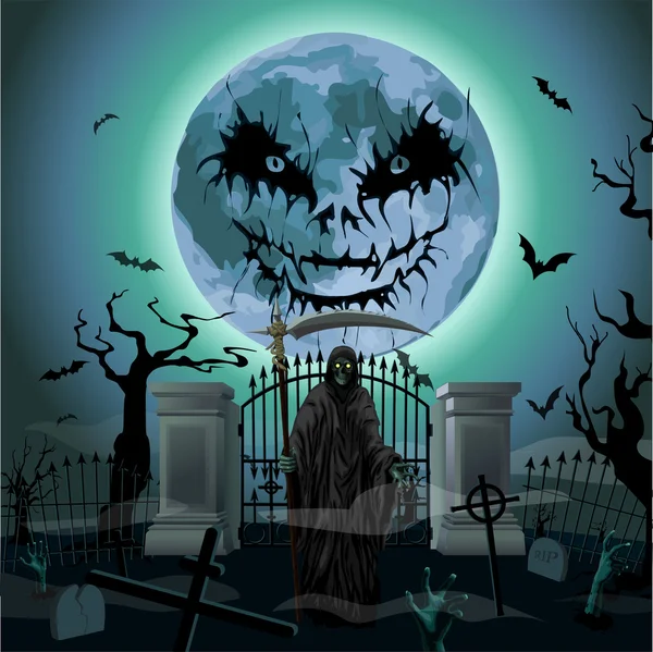 Noche de Halloween: la luna llena de miedo cementerio tumbas muerte esqueleto sombrío Segador luna zombi puerta, árboles murciélago rearmouse. Vector vertical primer plano vista lateral letrero ilustración para la celebración de vacaciones — Vector de stock