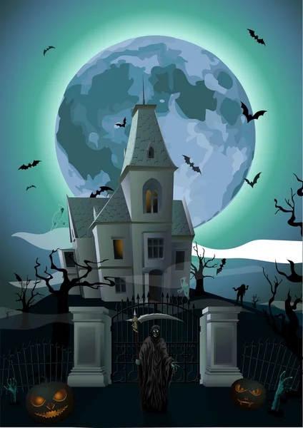 Noche de Halloween: muerte esqueleto sombrío Segador luna hermoso castillo — Vector de stock