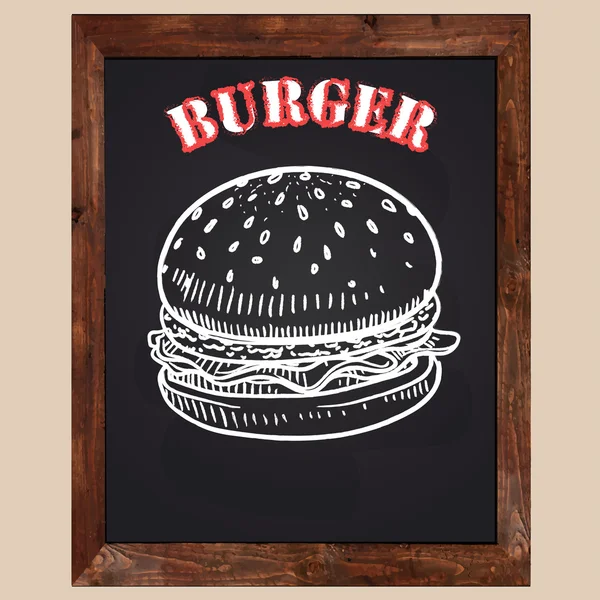 Burger rajzolt krétával egy fekete háttér — Stock Vector