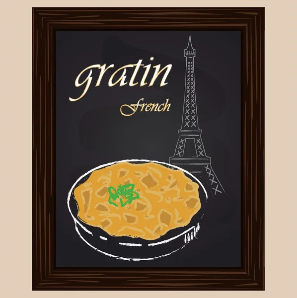 Gratin en el platillo y torre eifel — Vector de stock