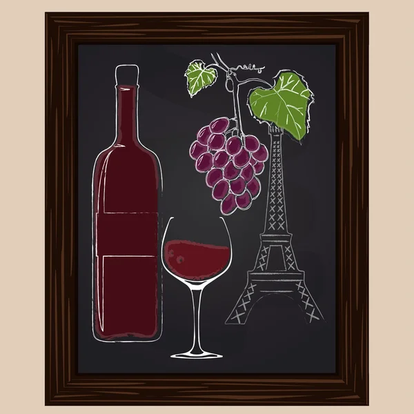 Bouteille de vin et verre sur fond tour eifel — Image vectorielle