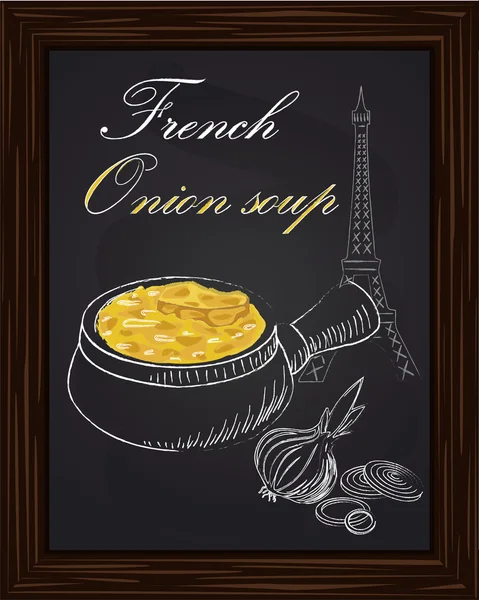 Sopa de cebolla y cebolla sobre un fondo de torre eiffel — Vector de stock