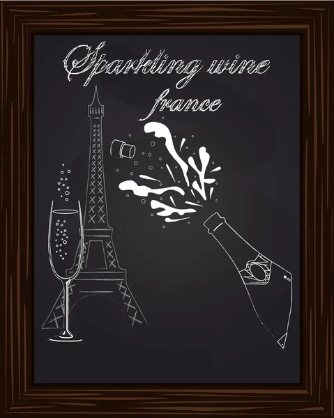 Ouvrir une bouteille de champagne avec des éclaboussures sur le fond Eifel — Image vectorielle