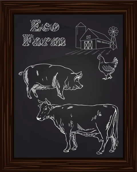 Azienda agricola ecologica con pollo, mucca, maiale — Vettoriale Stock
