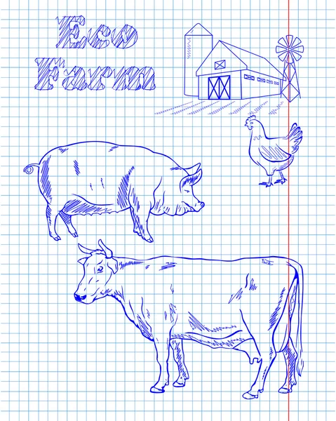 Eco granja con pollo, vaca, cerdo — Vector de stock