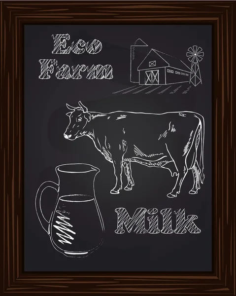 Bir inek ve süt ile eko çiftlik — Stok Vektör