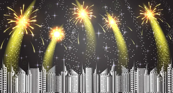 Fuegos artificiales sobre la ciudad nocturna . — Vector de stock