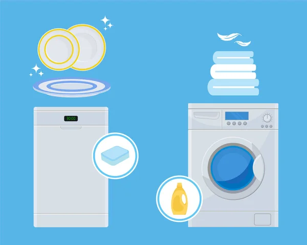 Wasmachine. Vaatwasser. Moderne huishoudelijke apparaten. Netheid en comfort in het huis. Vectorillustratie — Stockvector
