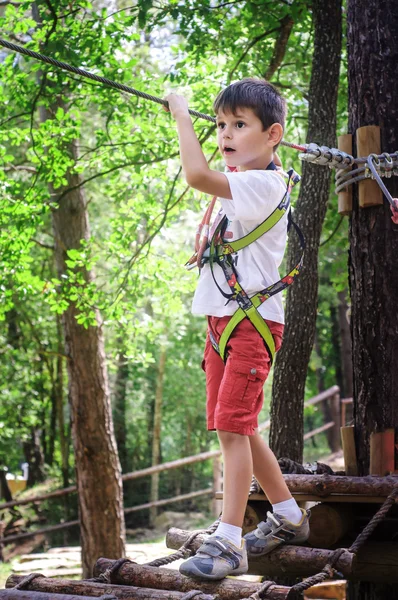 Junge genießt Aktivität im Klettererlebnispark an einem Sommertag mit Sicherheitsausrüstung. — Stockfoto