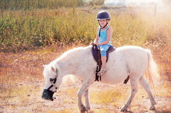 Маленькая девочка на коне. Белые пони . — стоковое фото