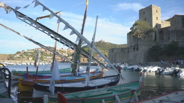 Collioure Frankrijk 20E August 2019 Kleurrijke Boten Haven Van Collioure — Stockvideo