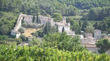Üzüm bağı, Provence, Fransa ve Avrupa ile Gigondas köyünün genel manzarası.
